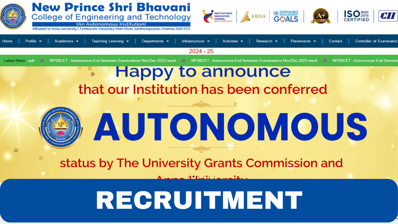 New Prince Shri Bhavani College of Engineering and Technology Recruitment